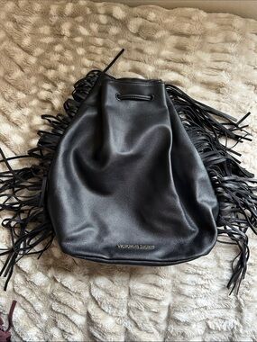 Victoria's Secret Black Leather Fringe Hobo Bucket Bag